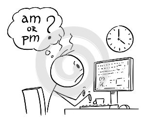 Vector Cartoon Illustration of Tired Man, Office Worker or Businessman Working Long Overtime on Computer and Watching