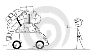 Vector Cartoon Illustration of Traffic Policeman or Traffic Police Stops the Car Loaded by Stuff for Holiday or Vacation