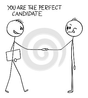 Vector Cartoon Illustration of Treacherous Businessman, Manager or Recruiter Shaking Hands With Naive or Stupid Perfect