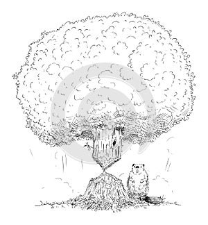 Vector Cartoon Illustration of Tree Weakened by Beaver. Concept of Financial Crisis, Problem of Economy or Finances
