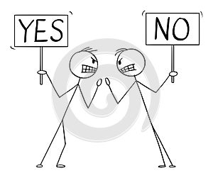 Vector Cartoon Illustration of Two Angry Men or Businessmen in Fight Arguing or Argument with Yes and No Signs In Hands