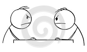 Vector Cartoon Illustration of Two Angry Men or Businessmen Sitting at Table and Watching Each Other.Talking with