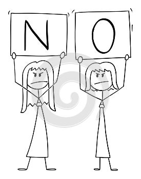 Vector Cartoon Illustration of Two Angry Women Holding No Signs