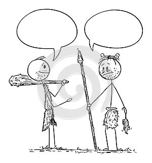 Vector Cartoon Illustration of Two Cavemen, Prehistoric or Native or Indigenous Men Talking or Having Conversation