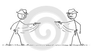 Vector Cartoon Illustration of Two Cowboys Dueling With Revolvers on Wild West. Gunfight or Business Competition Concept