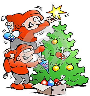 Vector Cartoon illustration of two happy Elf decorate the Christmas Tree photo