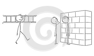 Vector Cartoon Illustration of Two Helpless or Confused Men or Businessmen Watching the Wall, Obstacle in Their Way