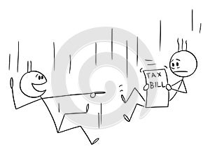 Vector Cartoon Illustration of Two Men or Businessmen Falling Down, One Is Frustrated by Tax Bill, Second is Laughing