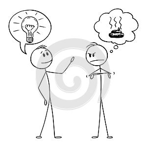 Vector Cartoon Illustration of Two Men or Businessmen, One With Idea and Second Thinking That This Idea is Shit or Crap