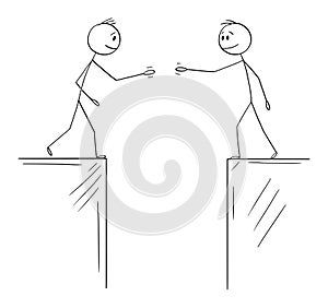 Vector Cartoon Illustration of Two Men or Businessmen or Politicians Going to Shake Hands When Divided by Gulf or Chasm