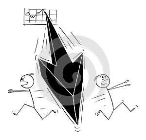 Vector Cartoon Illustration of Two Men or Businessmen Running Away in Panic From the Falling Financial Graph Arrow