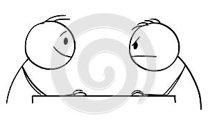 Vector Cartoon Illustration of Two Men or Businessmen Sitting at Table and Watching Each Other. One Is Angry, One Is