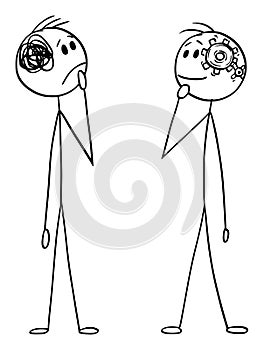 Vector Cartoon Illustration of Two Men or Businessmen Thinking, Difference Between Simple Straightforward Neat and Messy