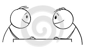 Vector Cartoon Illustration of Two Smiling Men or Businessmen Sitting at Table and Watching Each Other.Business or