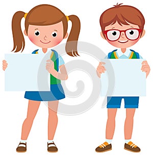 Vector cartoon illustration of two student girl and boy are hold a blank banner