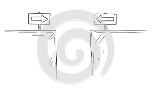 Vector Cartoon Illustration of Two Ways and Traffic Arrow Signs Leading to Canyon or Abyss. Concept of Obstacle in Way photo