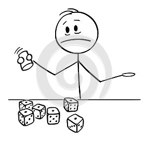 Vector Cartoon Illustration of Unhappy Man or Player Rolling Dices with All Dices Showing One Dot