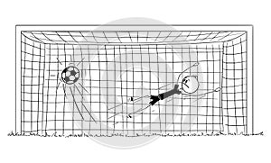 Vector Cartoon Illustration of Unsuccessful Football or Soccer Goalkeeper Trying to Catch a Ball or Penalty, Jumping on