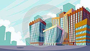 Vector cartoon illustration of an urban landscape with large modern buildings.