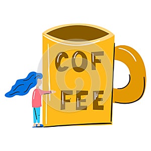 Vector cartoon illustration: woman hugging coffee cup