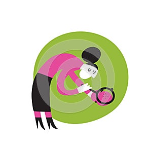 Vector cartoon illustration of woman with loupe reserching apple attentively. Healthy eating obsession concept.