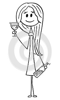Vector Cartoon Illustration of Young Attractive Smiling Woman Posing With Drinking Glass and Bottle of Wine