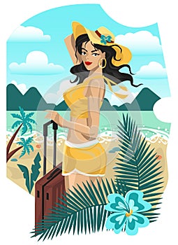 Vector cartoon illustration with young beautiful woman with luggage on vacation