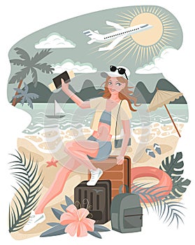 Vector cartoon illustration with young beautiful woman with luggage on vacation