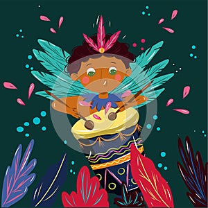 Vector cartoon illustration of a young boy dancer and play on dram, bright costume of feathers on the Brazilian carnival. Cartoon