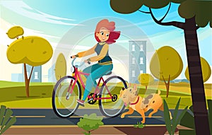 Vector cartoon illustration of young redhead woman riding bicycle in a park or countryside and a dog runs near her