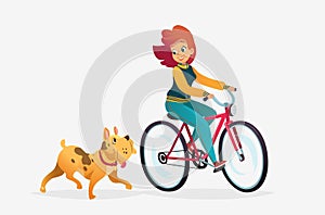 Vector cartoon illustration of young redhead woman riding a dog runs near her. Female cartoon character. Pets on a walk