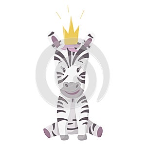 Vector cartoon ilolated image of a wild African animal. Cute smiling baby zebra character in a crown sitting on his paws. A ready-