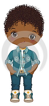 Vector Cartoon Image of Afro Boy Wearing Denim Outfit