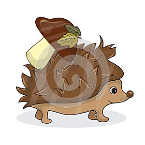 Vector cartoon image of a cute brown hedgehog with white-brown mushroom