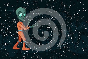 Vector cartoon image of funny alien positive character creature on starfield