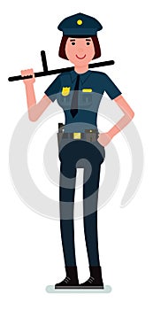 Vector cartoon image of a woman police officer with brown hair in a police uniform with a baton in her hand. Vector