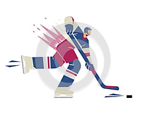 Vector cartoon isolated illustration of hockey player with brassy and puck moving fast forward, side view, motion lines