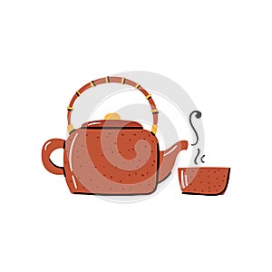 Vector cartoon japanese clay teapot with cup