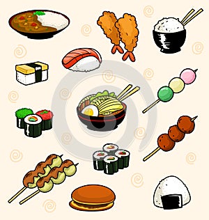 Vector cartoon japanese food doodle collection with rice sushi onigiri dorayaki and ramen in fun kid style