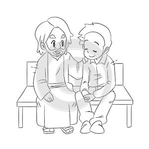 A vector cartoon of Jesus sitting and talking to a man, showing him that he loves and cares for him.  Black and White. Coloring pa photo