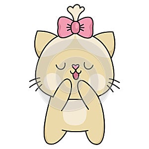 Vector cartoon kawaii shy cat girl with bow. Kitty isolated clipart. Cute kitten colored outlined illustration. Funny Saint