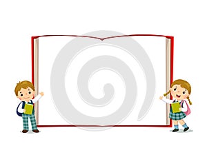 Vector cartoon kids in school uniform with opened book background