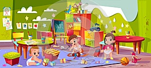 Vector cartoon kindergarten, montessori. Infants play toys