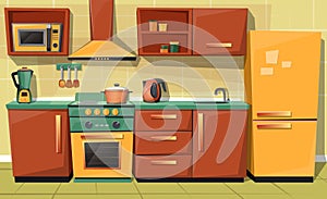 Vector cartoon kitchen counter with appliances, furniture