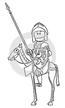 Vector Cartoon of Knight in Armor and with Lance and Shield Sitting or Riding on Horse