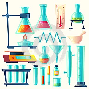 Vector cartoon laboratory equipment, glassware set