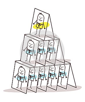 Cartoon Leadership and Cards Pyramid