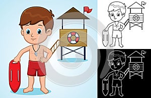 Vector cartoon of lifeguard boy holding lifebuoy on lifeguard tower background