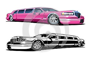 Vector Cartoon limousines, colour and black and white versions