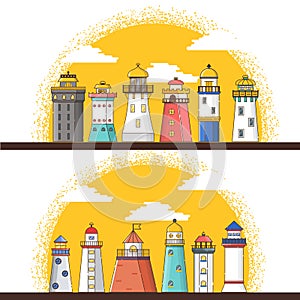 Vector cartoon line modern flat lighthouses background